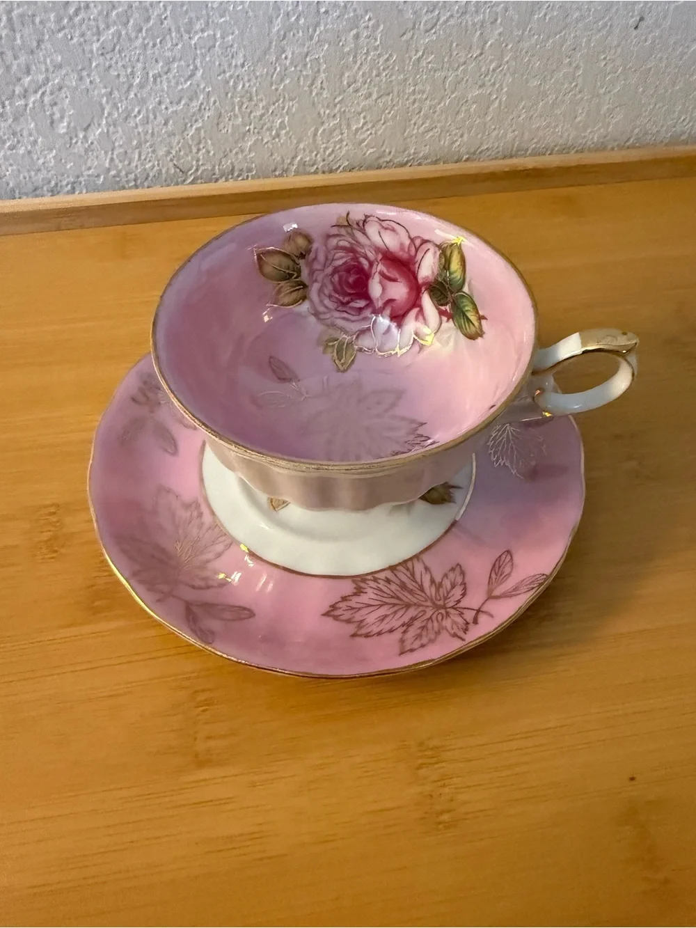 Pink Rose Gold-Trim Tea Cup and Saucer